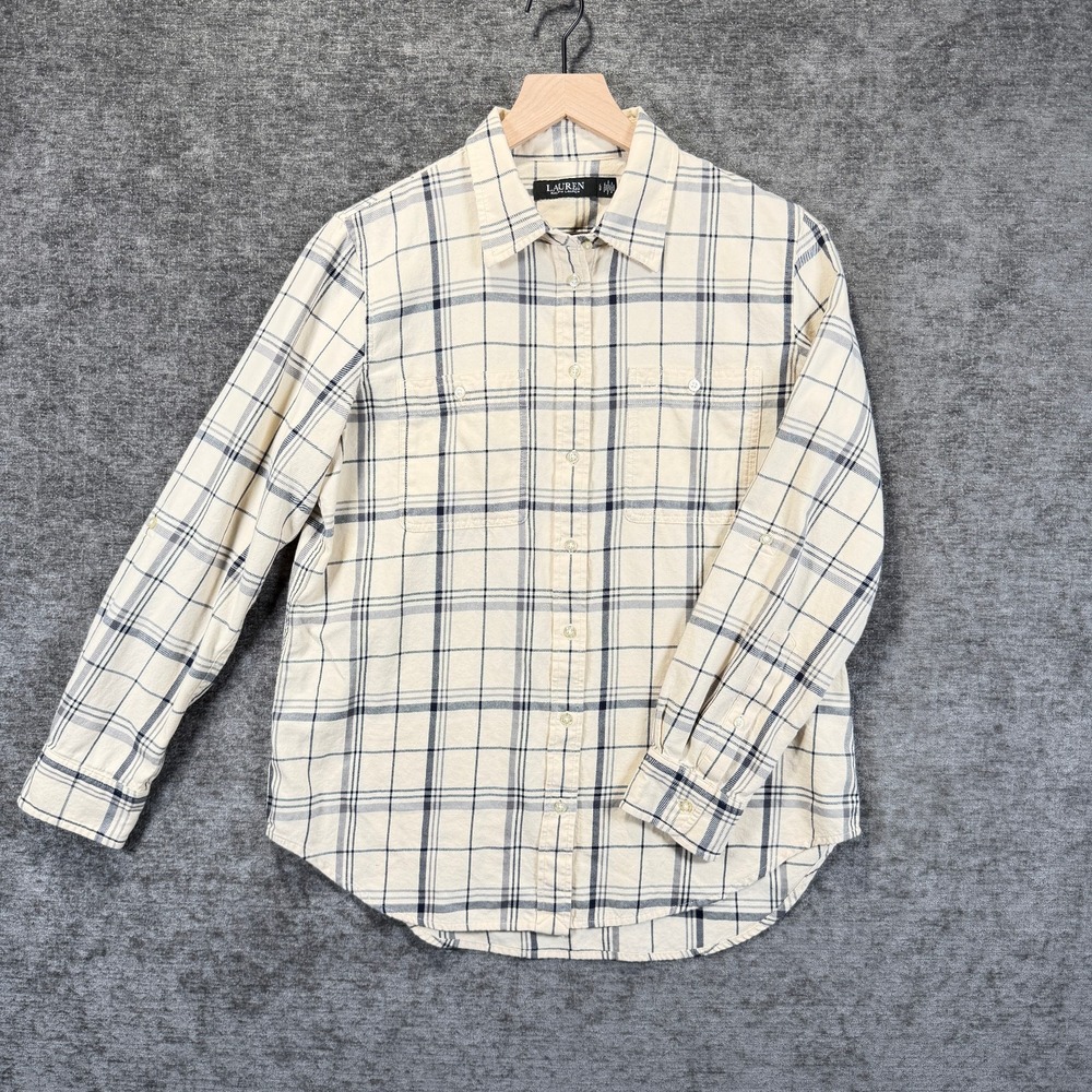 Lauren Ralph Lauren Plaid Shirt L Women Cream Navy Roll Tab Cotton Button Up